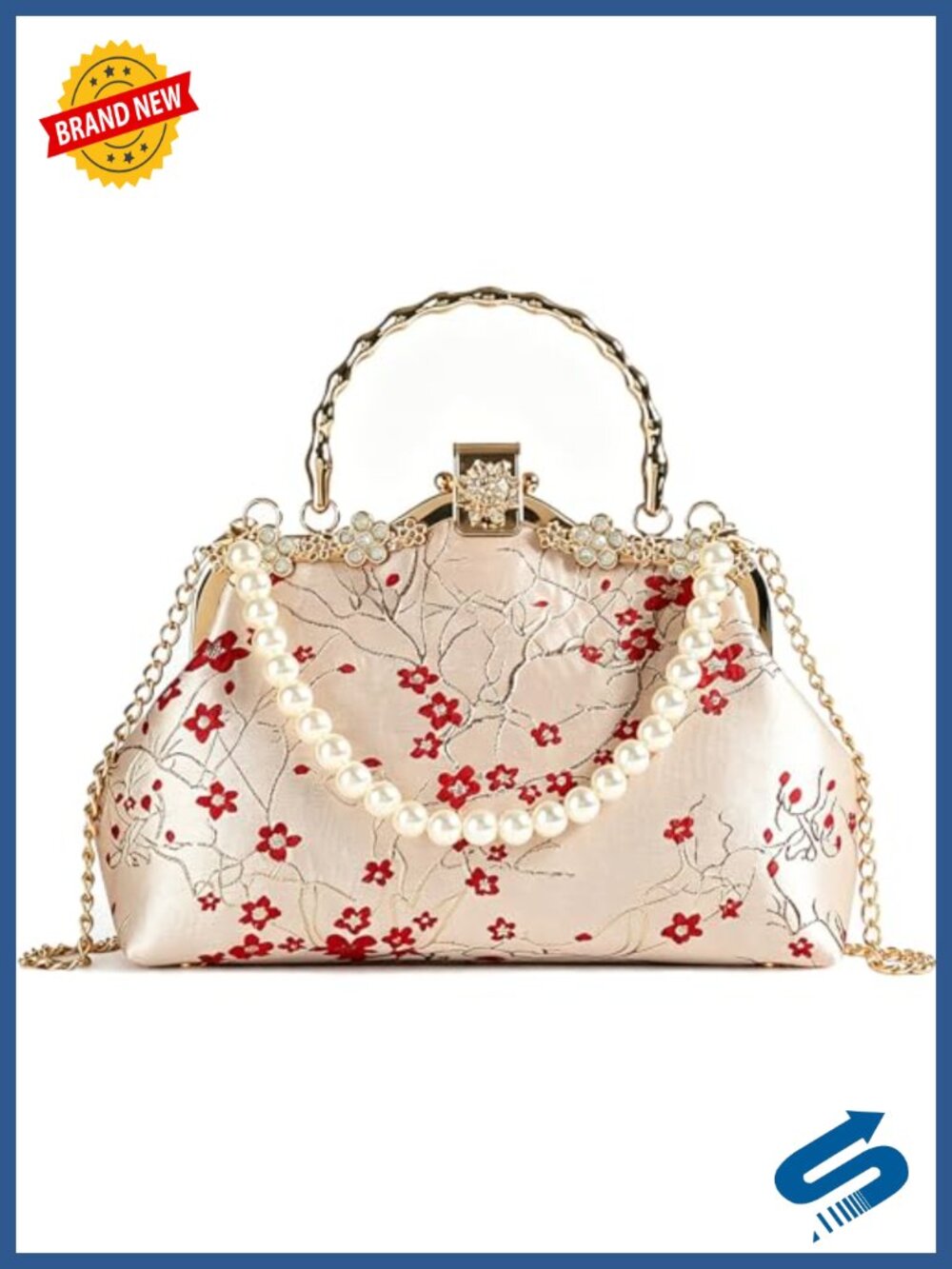 Womens Embroidered Floral Clutch Pearl Handle Evening Bag Kiss Lock Chain